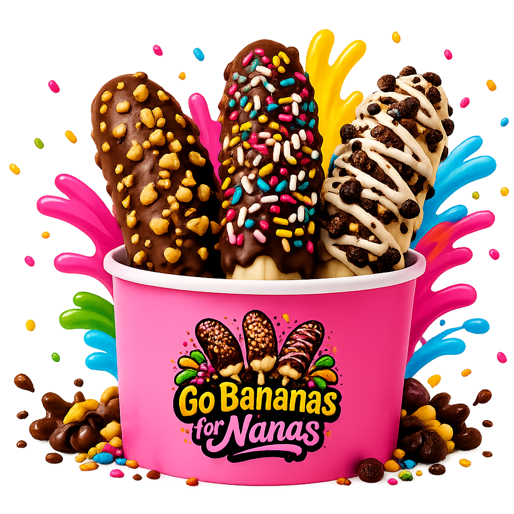 Three decorated chocolate-dipped bananas in a pink cup